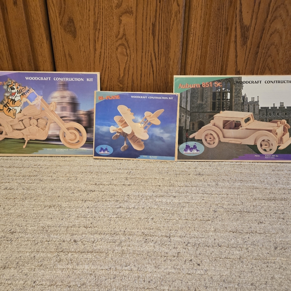 3 Woodcraft Construction Kits Harley Davidson 1 Auburn 851 Sc Car Bi-Plane